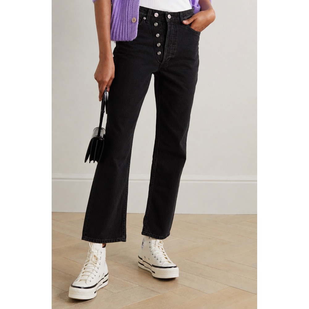 Ganni Figni Washed Black Organic Cotton High Rise Button Fly Jeans 28 / 6